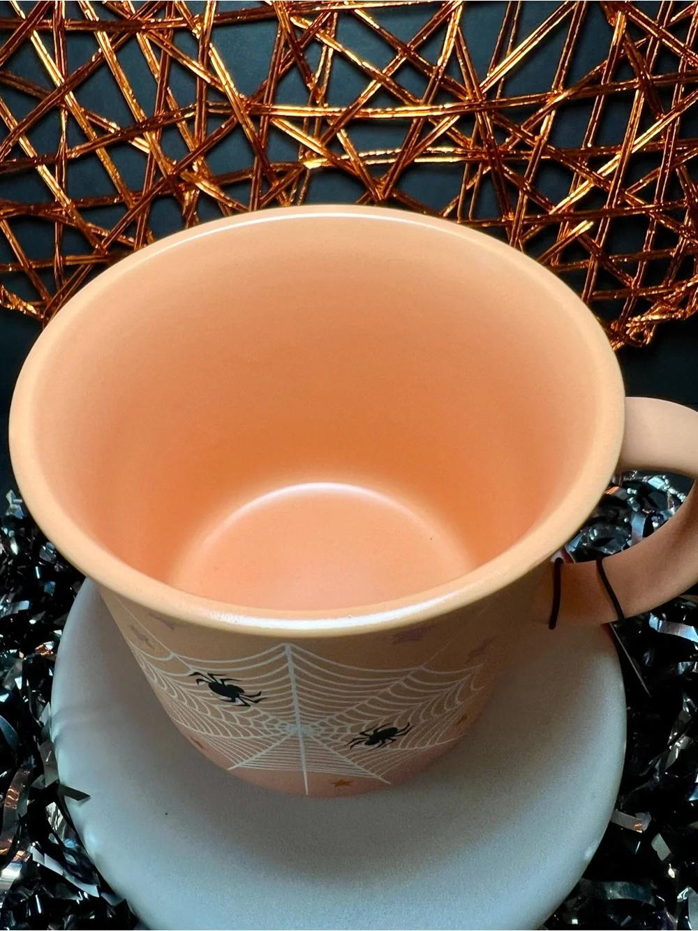 Halloween Light Orange Spiderweb Mug with Black Spiders Ombré Stars Stoneware